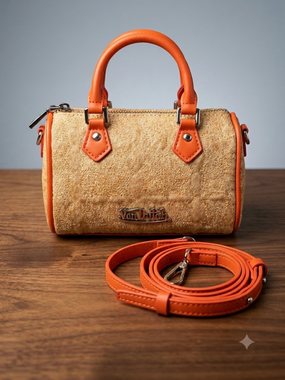 UNRELEASED!! Von Dutch Denim Embossed Cross Mini Satchel with Orange Strap